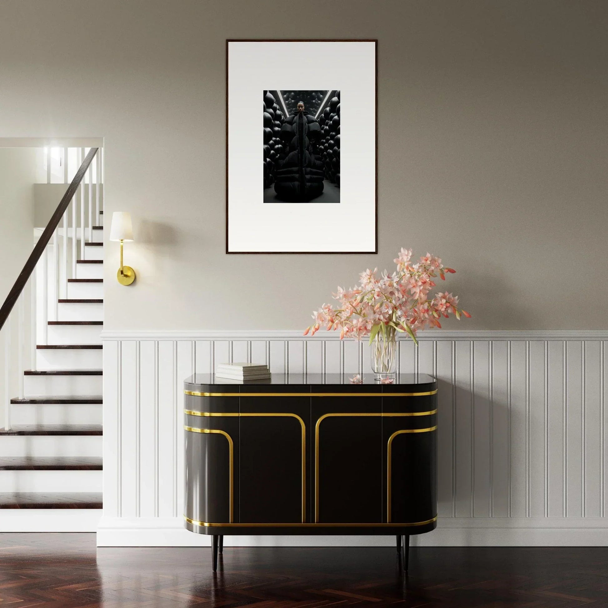 Elegant black and gold console table perfect for lunar echoes-inspired room decoration