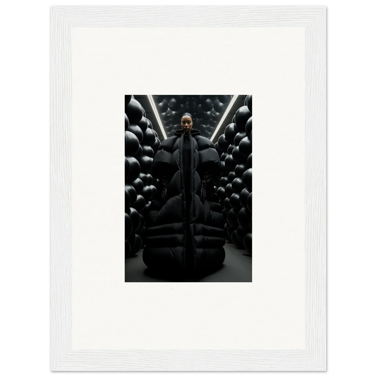 Bald man in black coat surrounded by dark spheres, perfect for lunar echoes canvas print