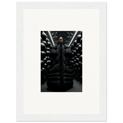 Bald man in black coat surrounded by dark spheres, perfect for lunar echoes canvas print