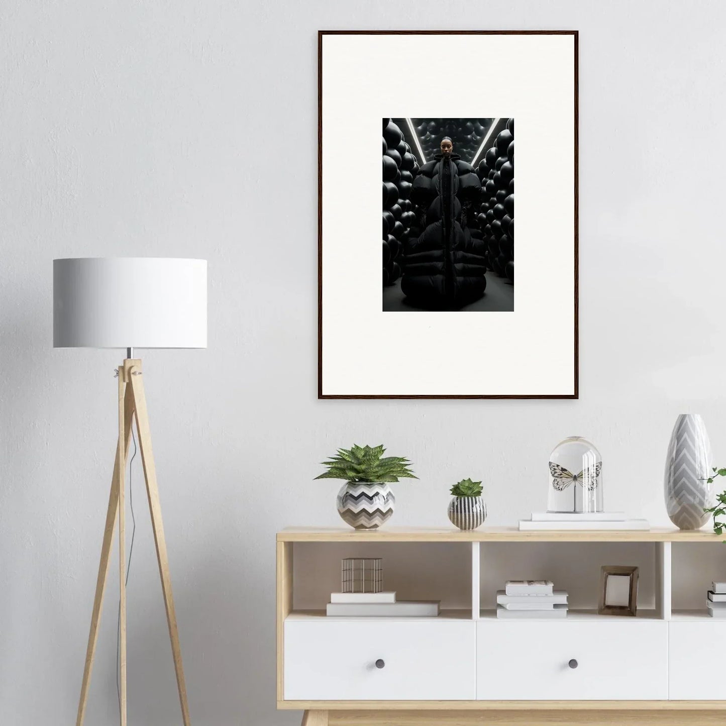 Framed black and white canvas print of a figure in shadowy corridor, perfect for room decoration