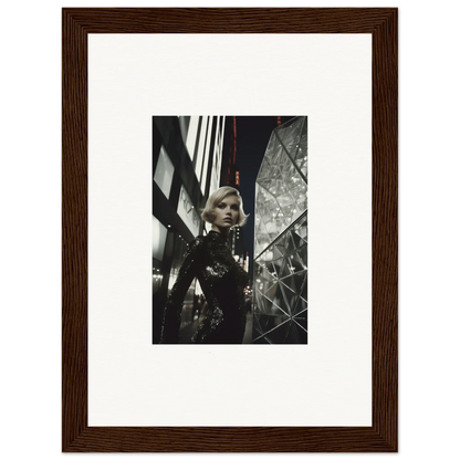 Framed black and white photograph of a woman in sequined outfit for unique room decor