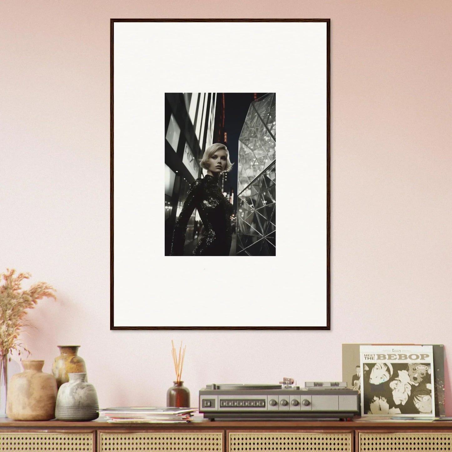 Framed black and white photograph of a figure in an urban setting for stylish room decor