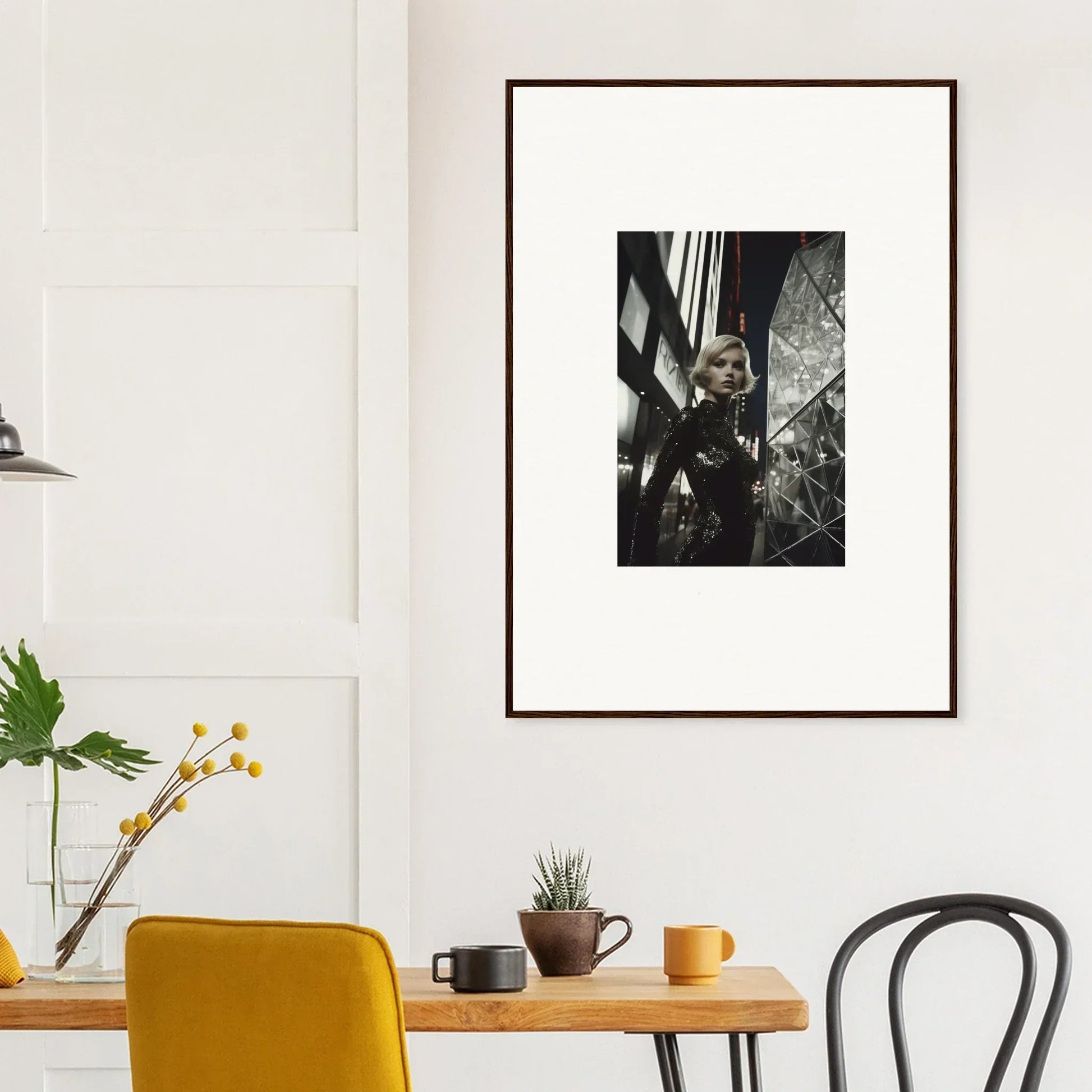 Framed black and white photograph enhancing room decor with stylish wall art