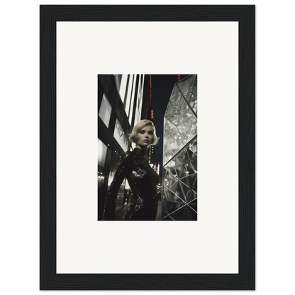 Framed black and white photograph of a woman in sequined outfit for stylish room decor