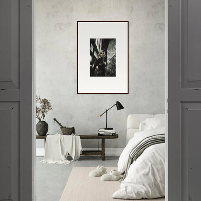 Framed black and white photograph enhancing modern room decor as stylish wall art