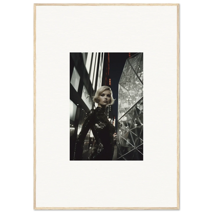 Black and white framed wall art of a woman in an urban setting for stylish room decor