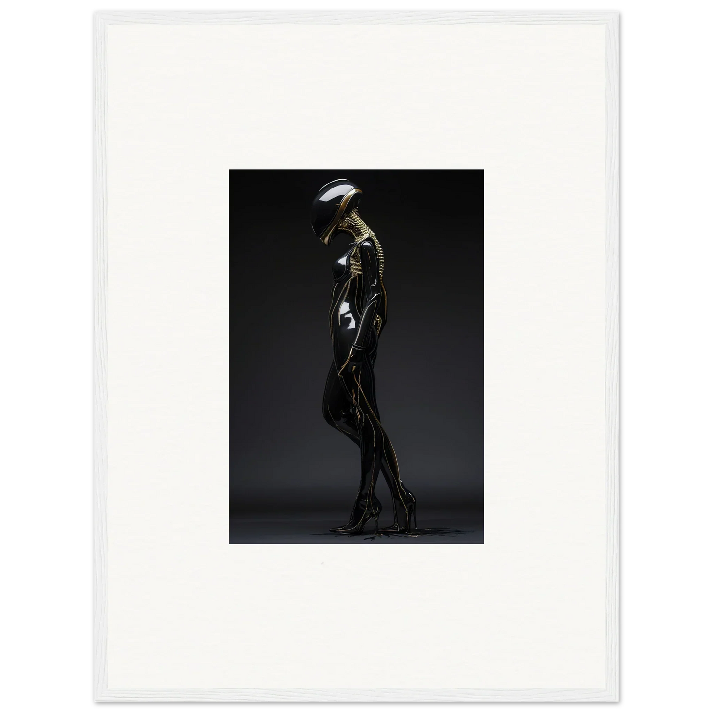 Futuristic humanoid figure in sleek metallic bodysuit for stylish room decor dimensions elegantly