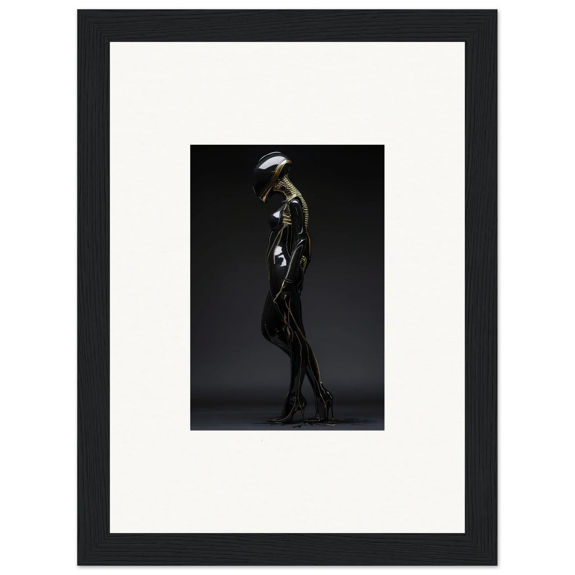 Slender metallic humanoid figure with umbrella for modern room decor framed wall art