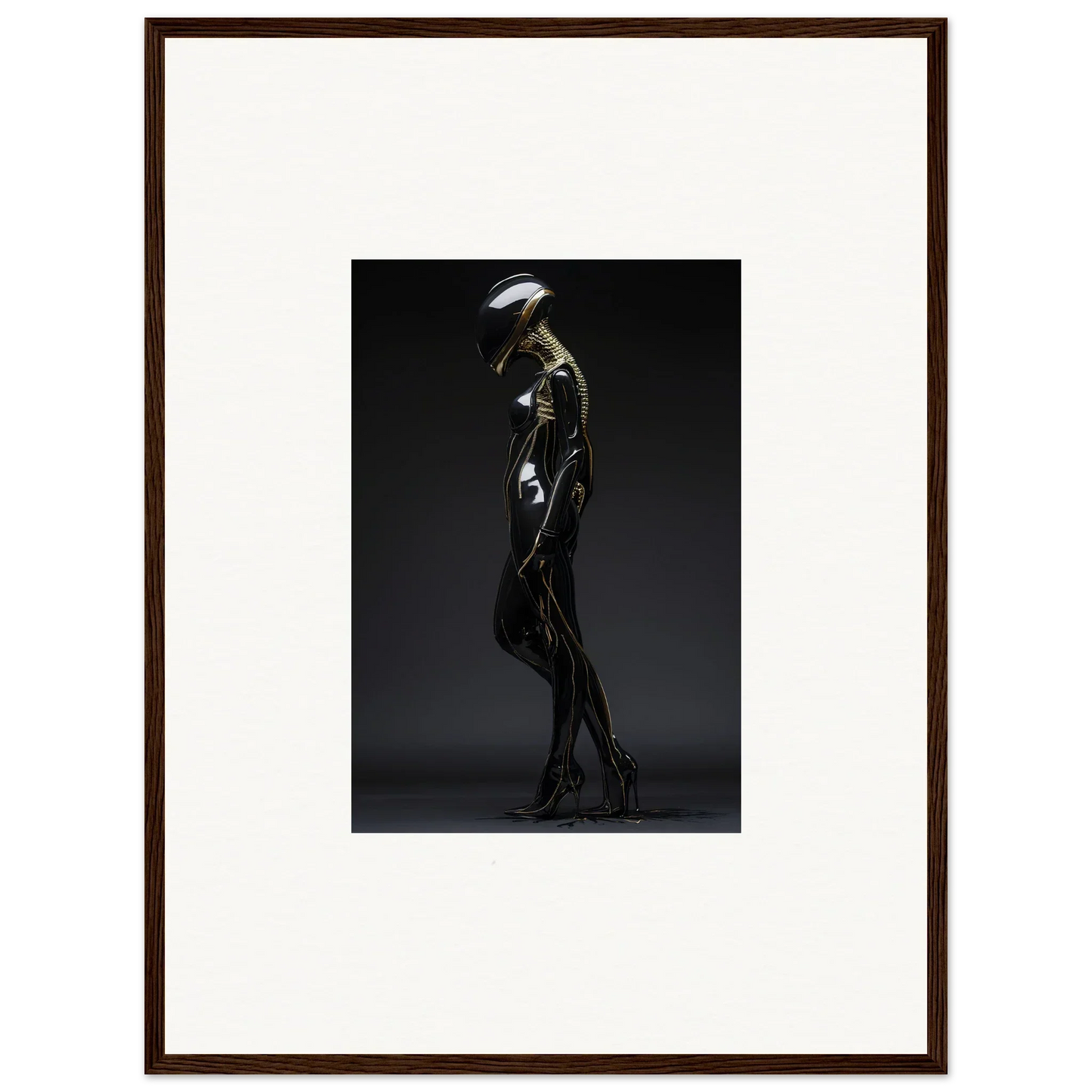 Futuristic humanoid figure in metallic bodysuit for dimensions elegantly room decor