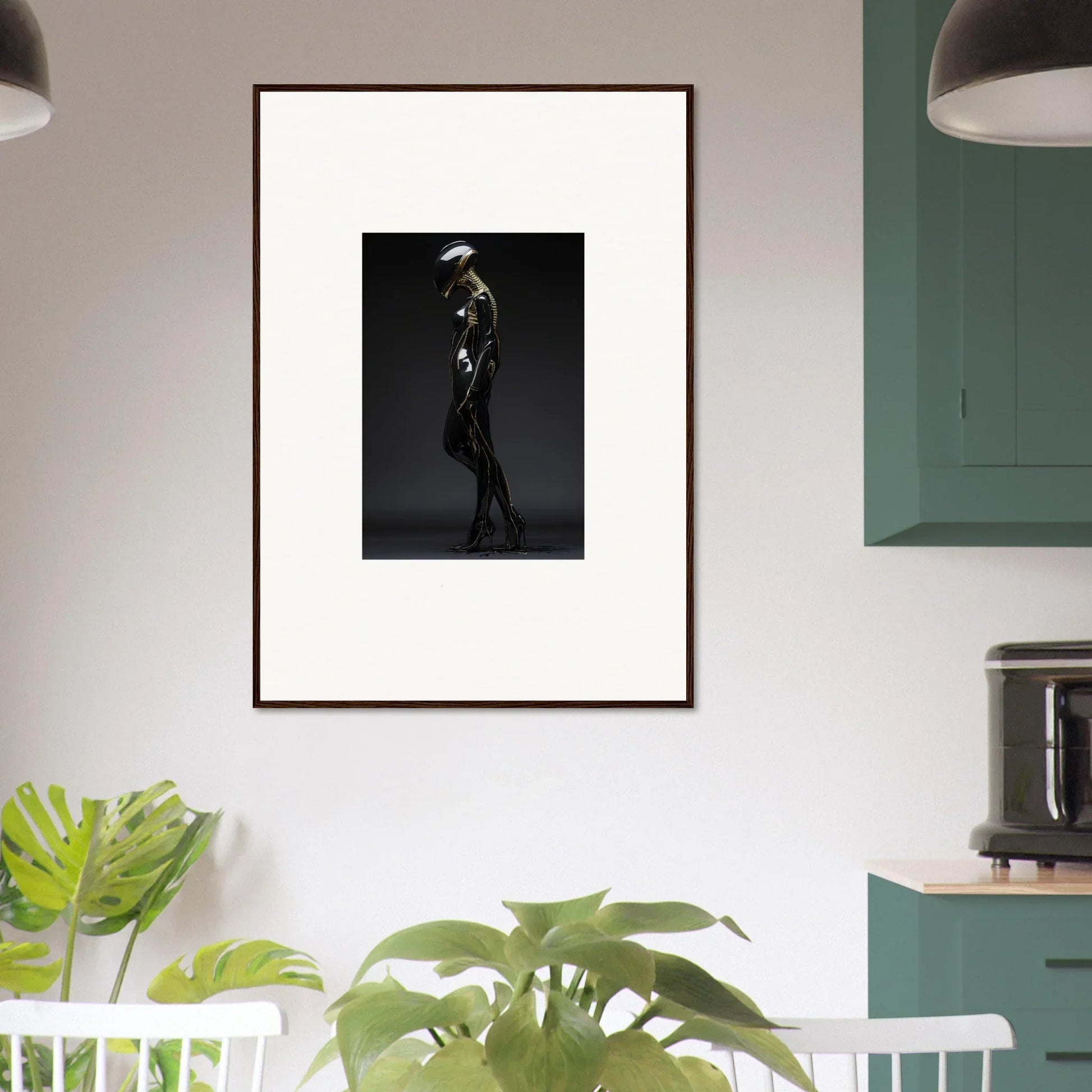 Framed black and white photograph of a person in a hat, ideal for room decor