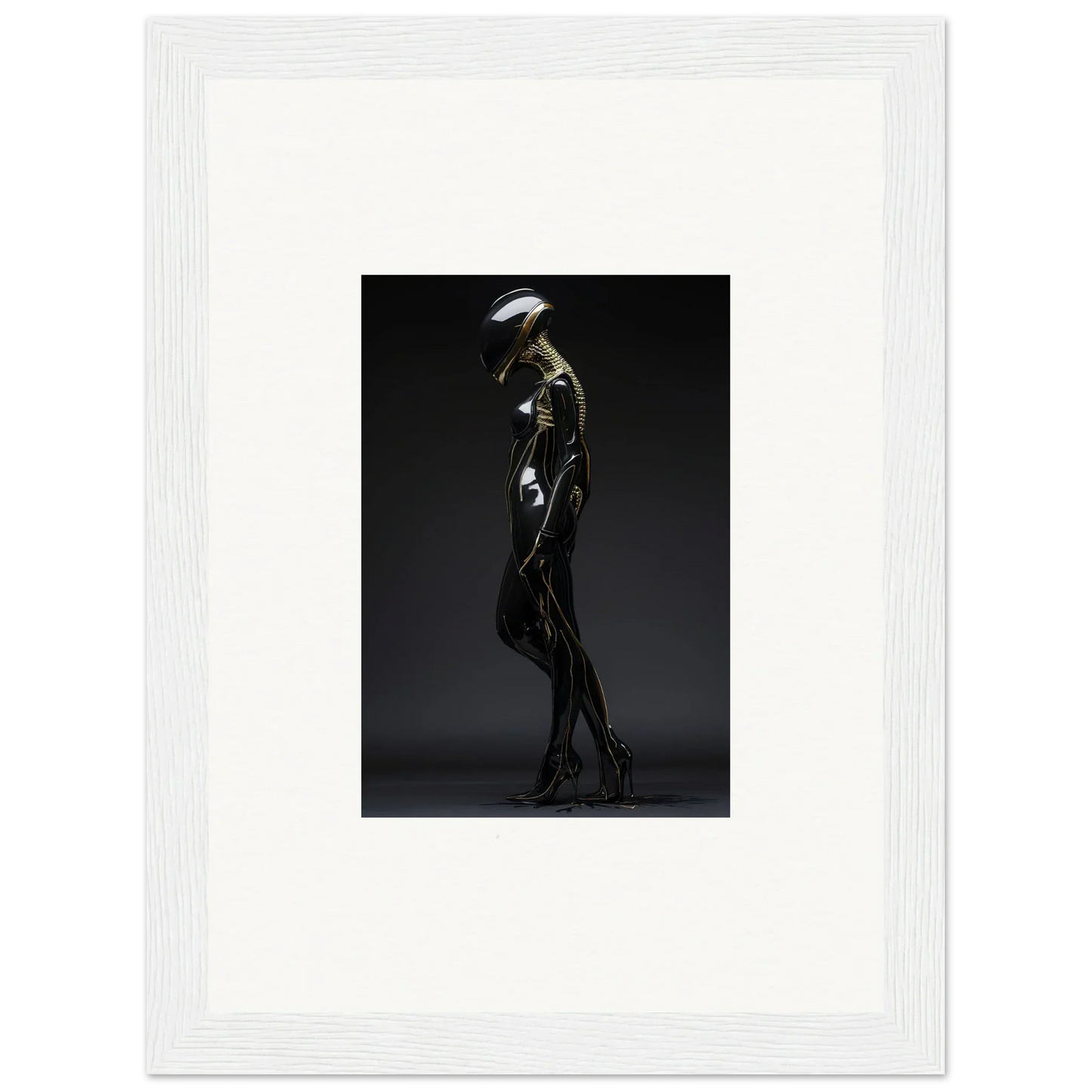 Elongated metallic humanoid sculpture for stylish room decor and framed wall art