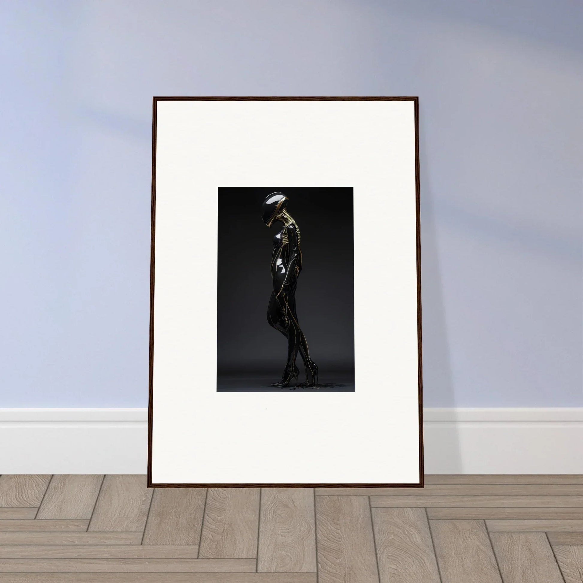 Framed black and white wall art of silhouetted figure enhances room decor with dimensions elegantly