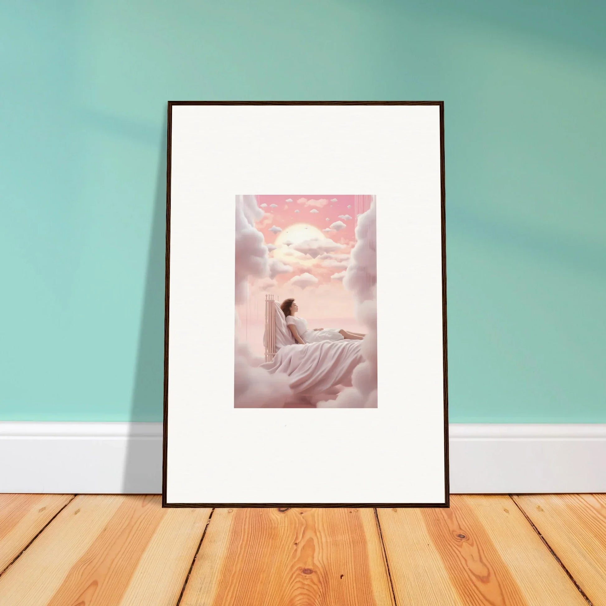 Framed canvas print of a person sitting on clouds in a dreamy pink sky for room decoration