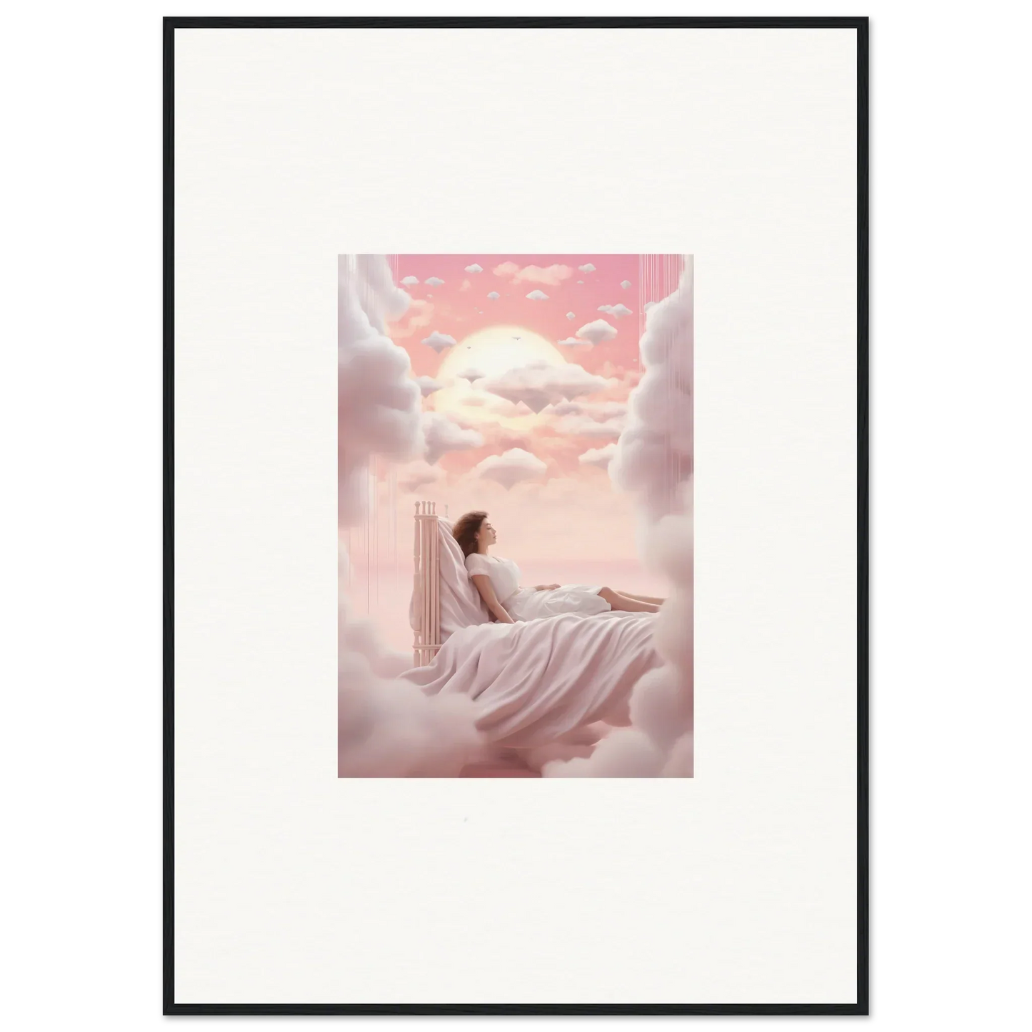 Framed canvas print of dreamy person on clouds for your room decoration featuring Dreamships Awaken