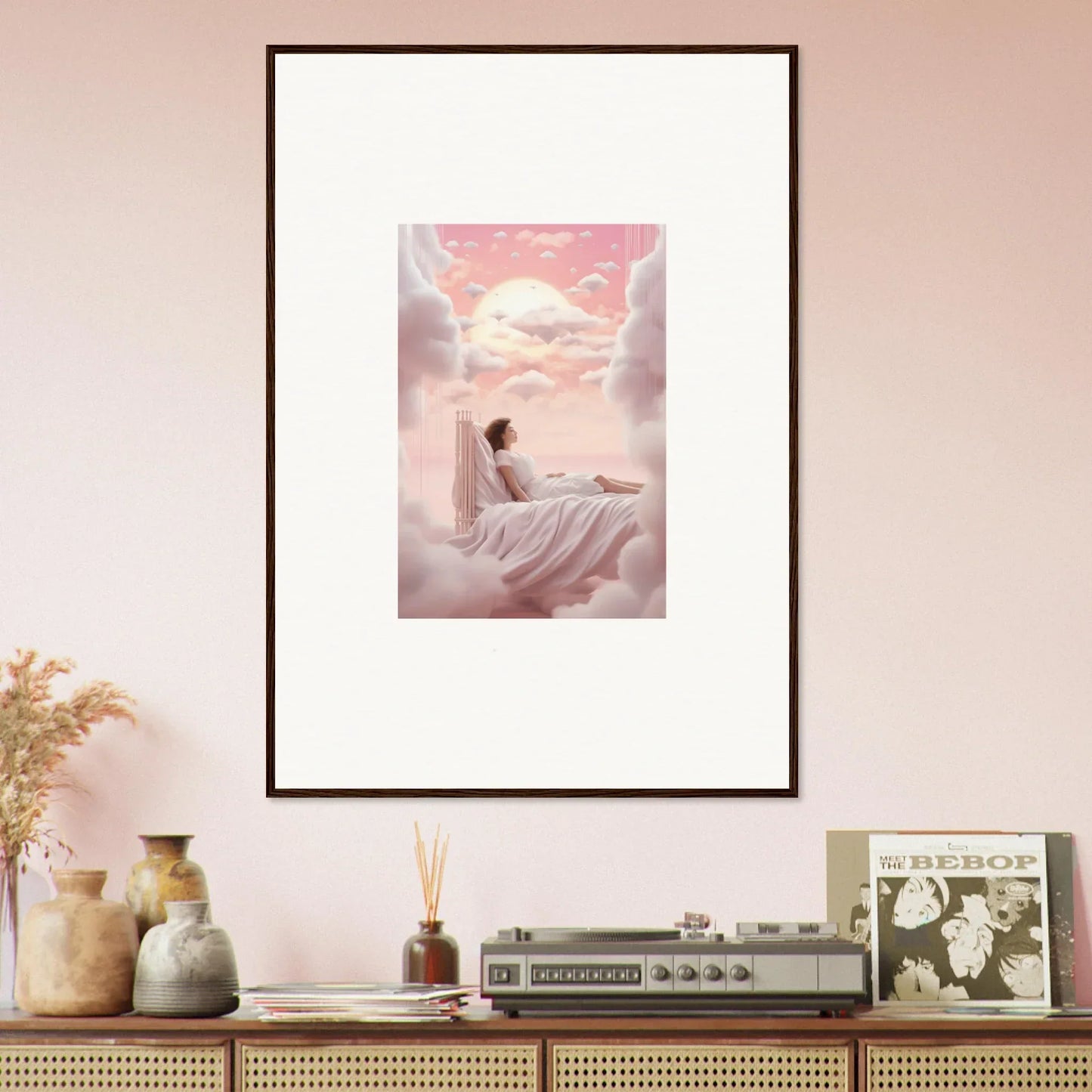 Framed canvas print of dreamy scene with figure in clouds for room decoration