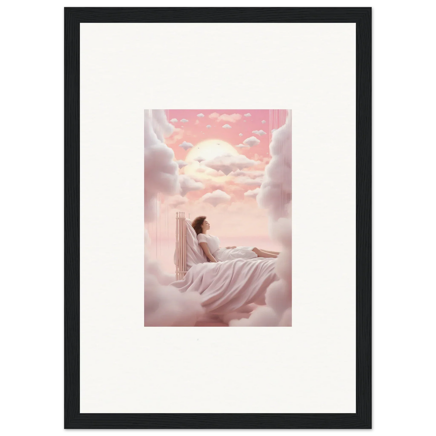 Framed canvas print of a person on a cloud in a dreamy pink sky for room decoration