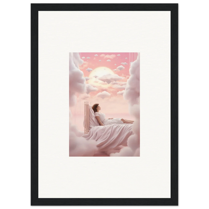 Framed canvas print of a person on a cloud in a dreamy pink sky for room decoration