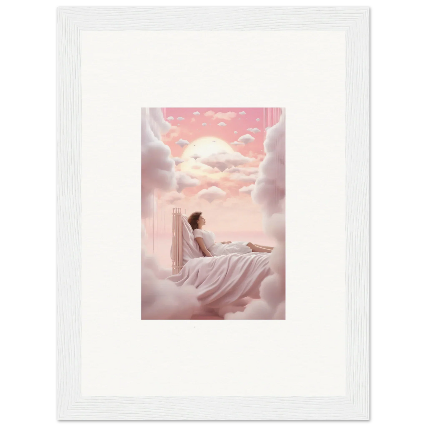 Framed Cloudbound Dreamships Awaken canvas print of a person lounging on clouds