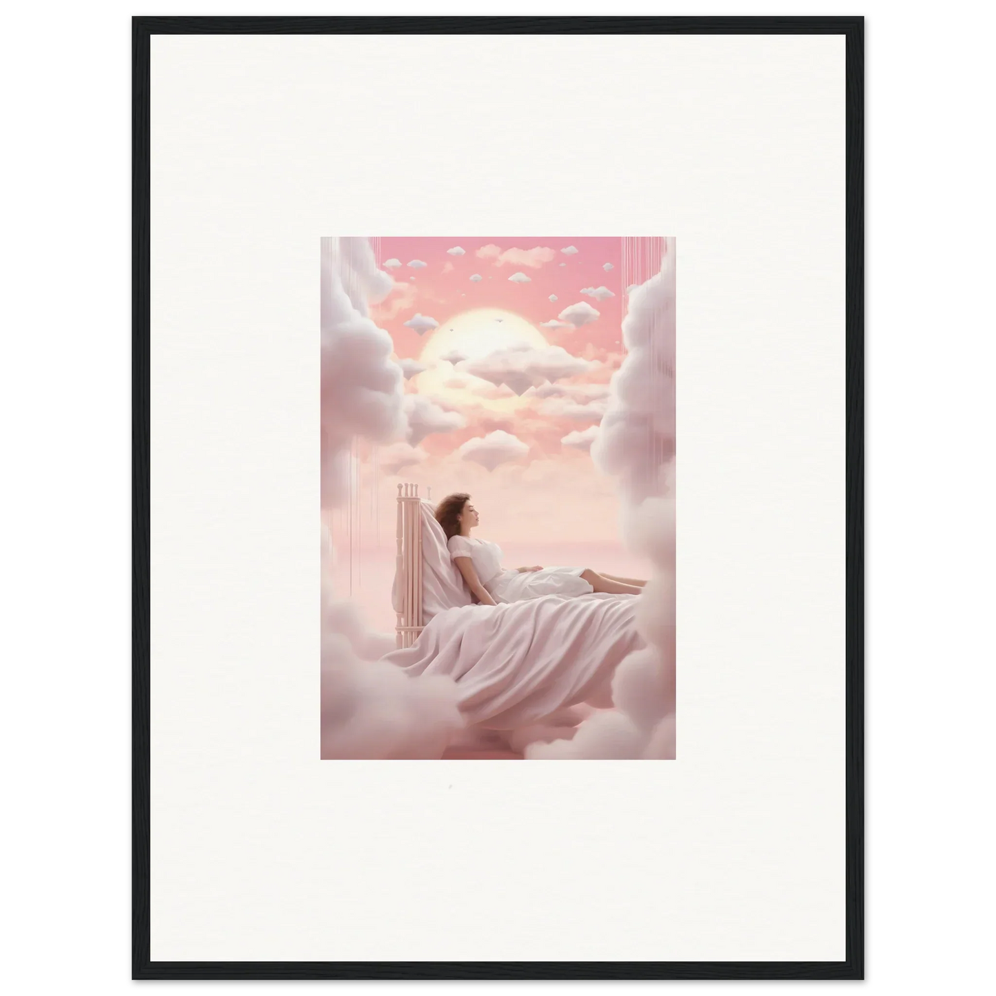 Framed canvas print of a person on clouds in a dreamy pink sky for room decoration