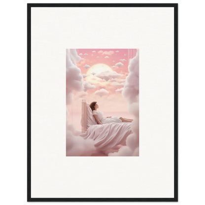 Framed canvas print of a person on clouds in a dreamy pink sky for room decoration