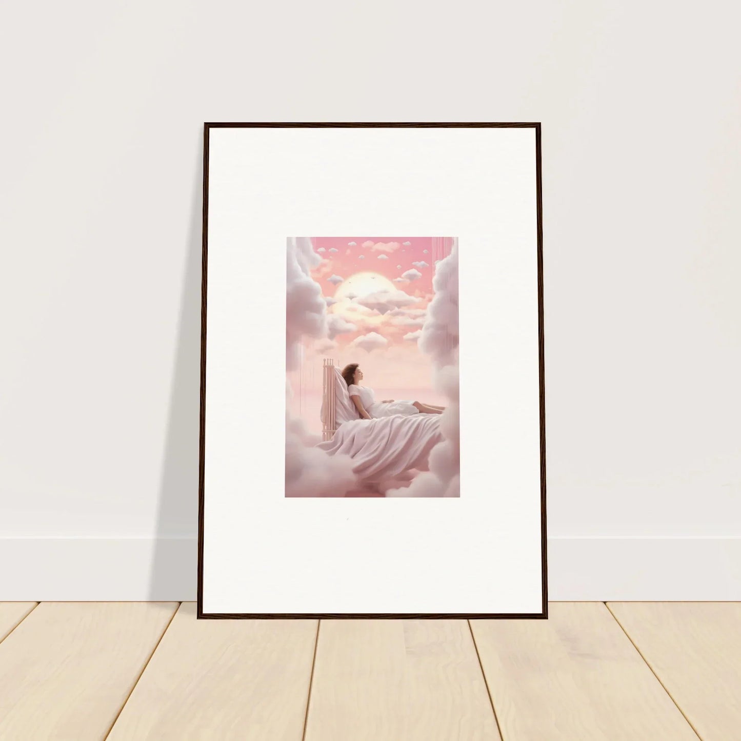 Framed canvas print of dreamships awaken with a figure on clouds in a pink sky