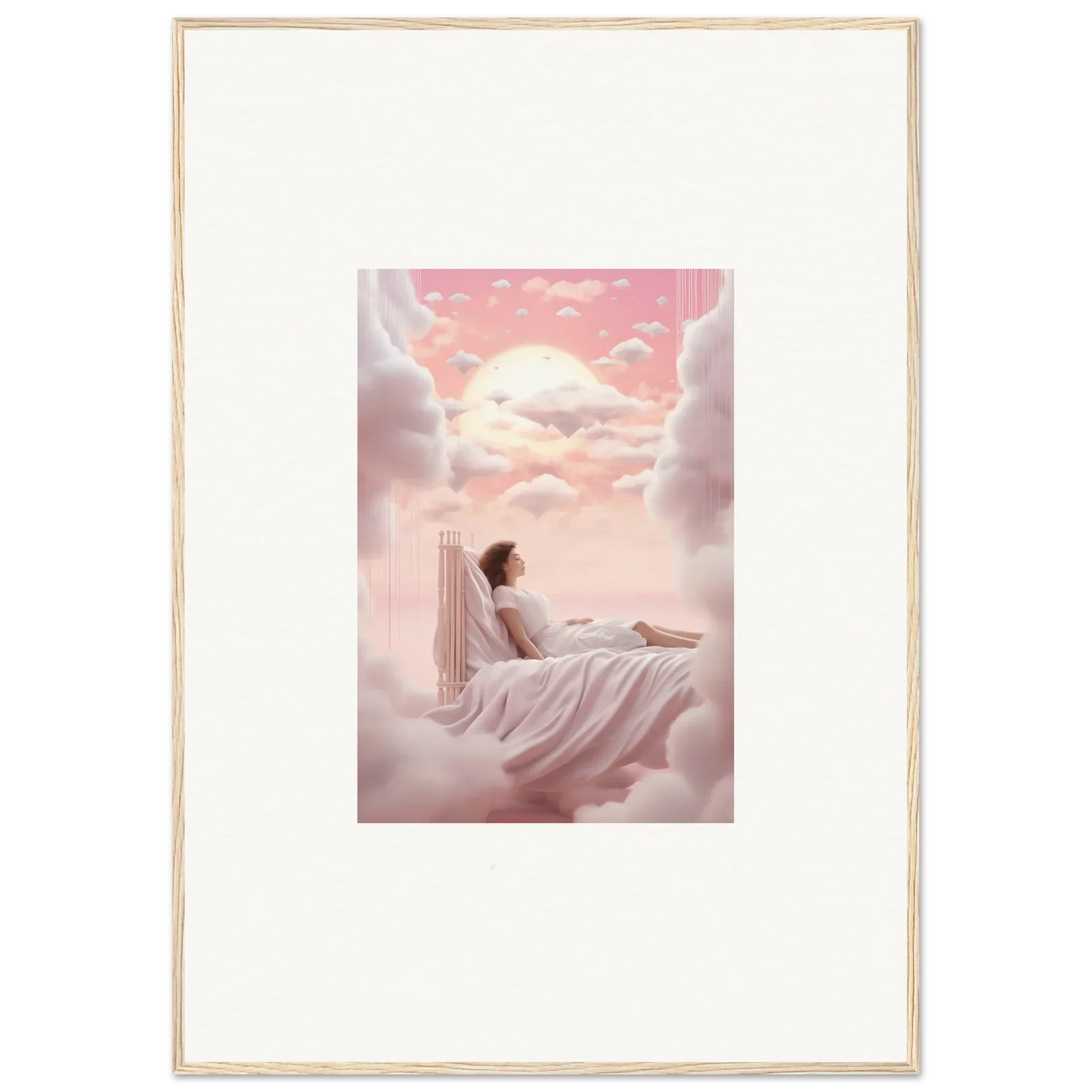 Framed canvas print of a figure on clouds in a pink sky, perfect for room decoration