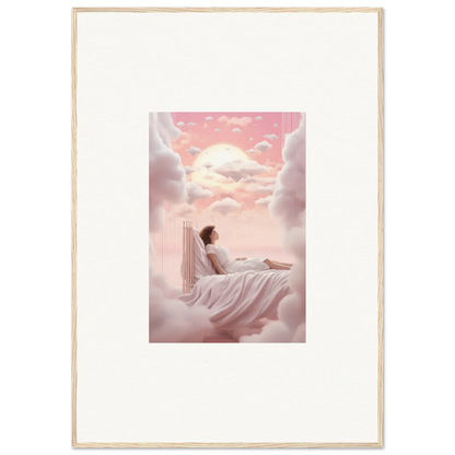 Framed canvas print of a figure on clouds in a pink sky, perfect for room decoration