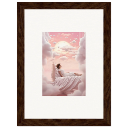 Person relaxing on a fluffy cloud surface, perfect for Dreamships Awaken canvas print decor