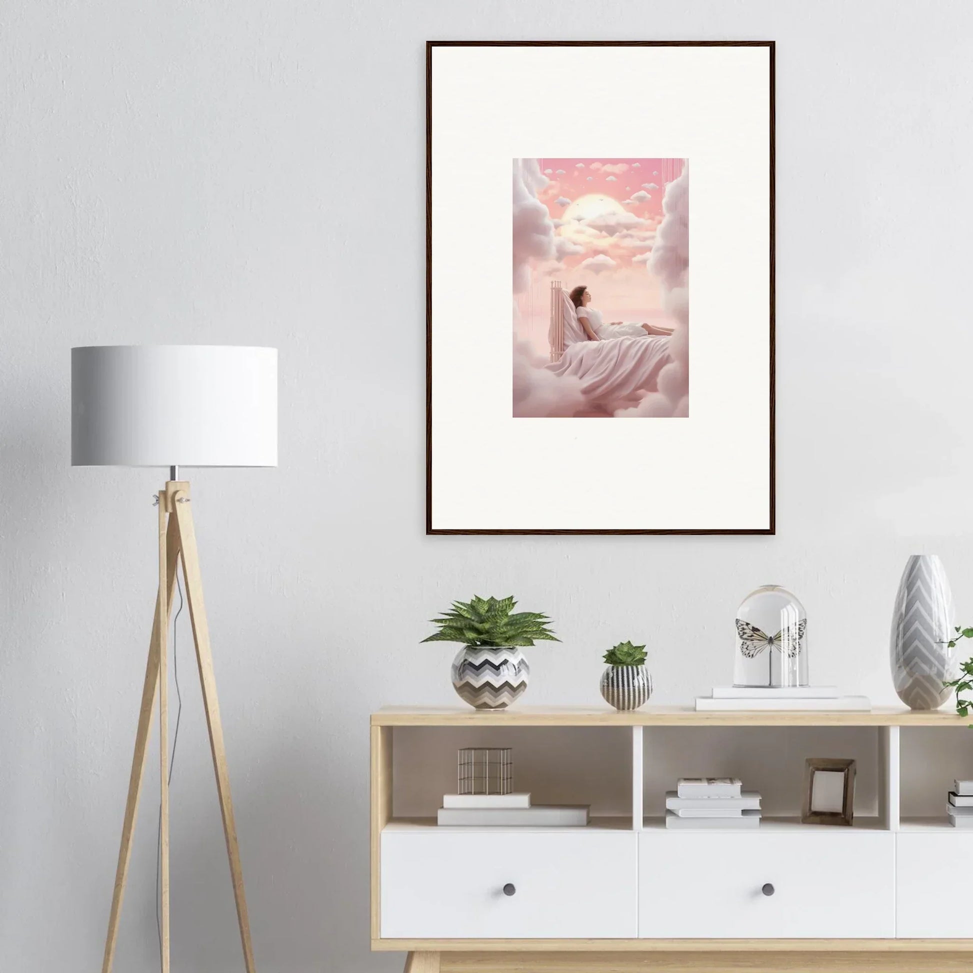 Framed canvas print of a silhouetted figure in dreamy pink sky for room decoration