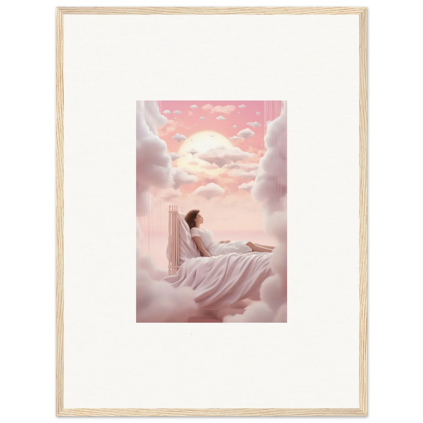 Framed canvas print of dreamy person on clouds in pink sky, perfect for room decoration