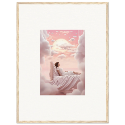 Framed canvas print of dreamy person on clouds in pink sky, perfect for room decoration