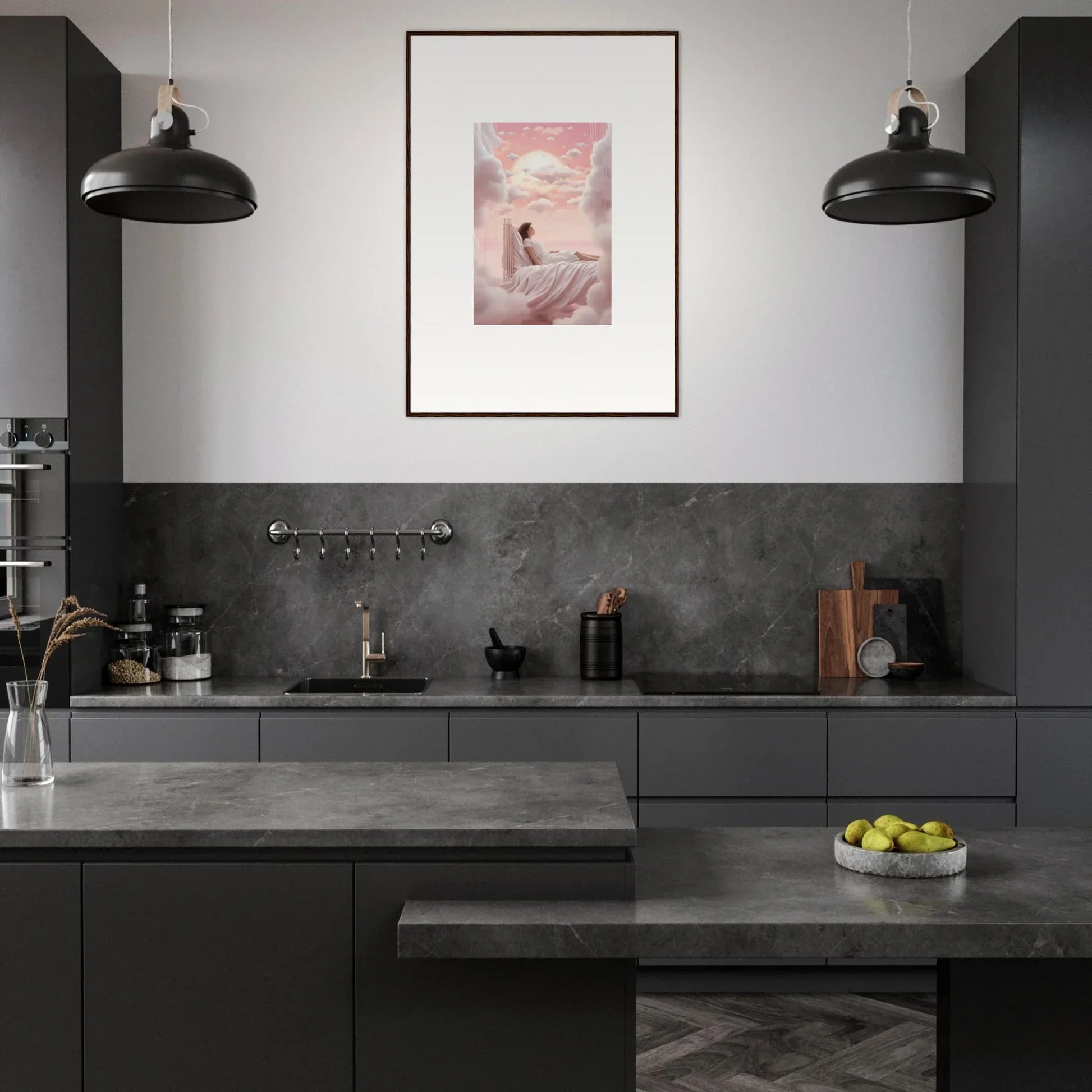 Modern kitchen with dark gray decor, featuring pendant lights and a Canvas Print for dreamships awaken vibes