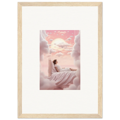 Framed canvas print of a person on clouds in dreamy pink sky, perfect for room decoration