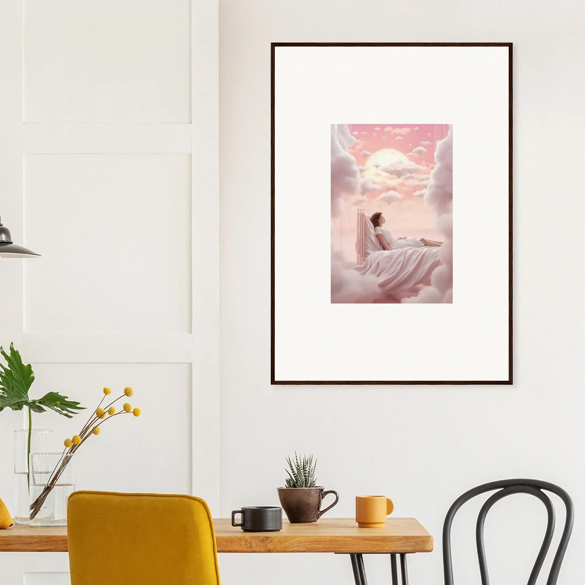 Framed Canvas Print of a Person on Clouds Gazing at the Sky for Dreamships Awaken Room Decoration