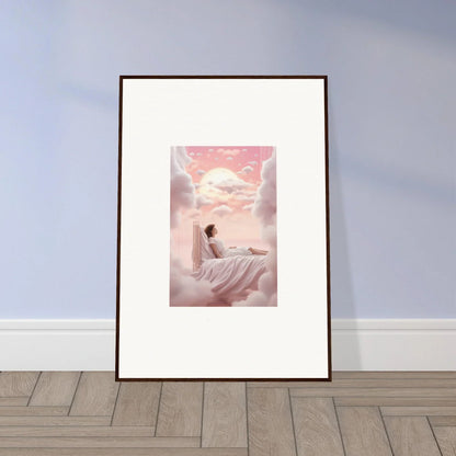 Framed canvas print of dreamy pink scene with figure on clouds for your room decoration