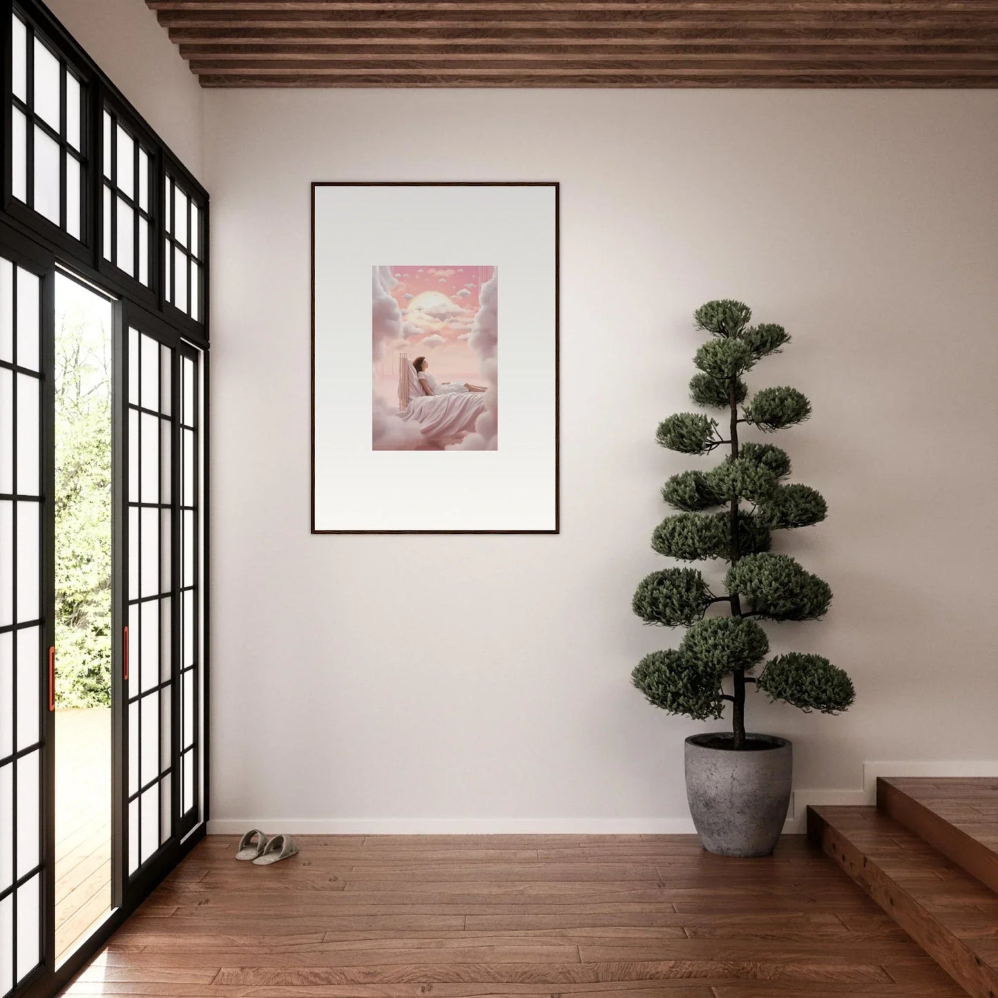 Framed canvas print of a figure in a pink dreamlike scene for room decoration