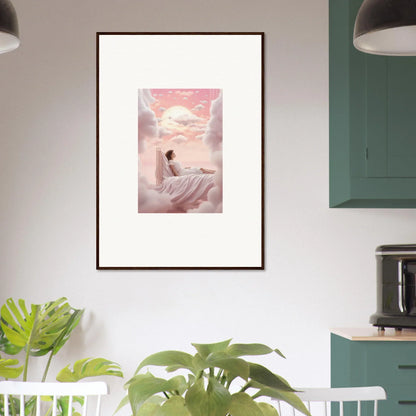 Framed canvas print of a person on clouds under a pink sky, perfect for Dreamships Awaken decor