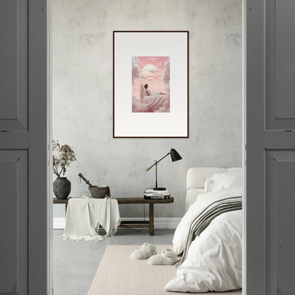 Framed canvas print of a person on a cliff, enjoying the Cloudbound Dreamships Awaken vibe