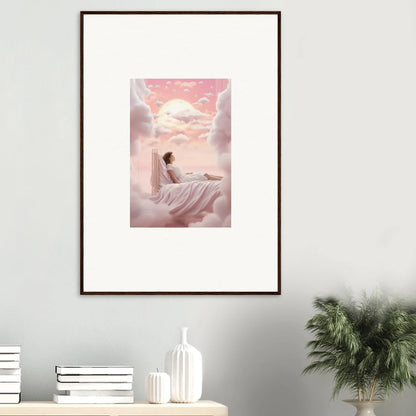 Framed canvas print of dreamy pink scene with figure on clouds for room decoration