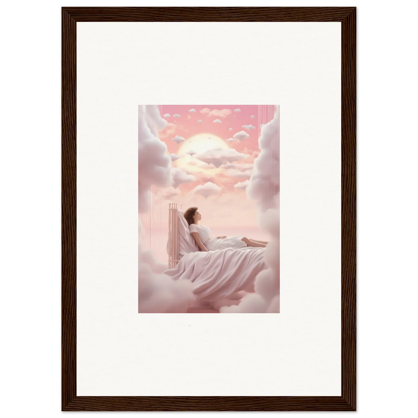 Framed canvas print of a person relaxing on clouds at sunset for dreamy room decoration