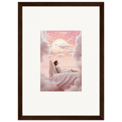 Framed canvas print of a person relaxing on clouds at sunset for dreamy room decoration