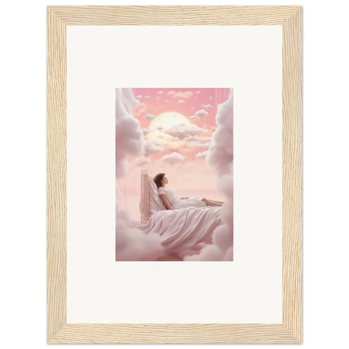 Framed canvas print of a person on a cloud bed in a dreamy sky for room decoration