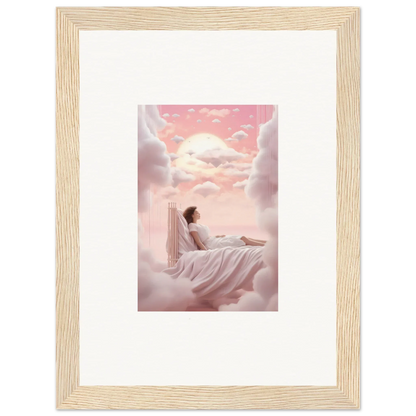 Framed canvas print of a person on a cloud bed in a dreamy sky for room decoration