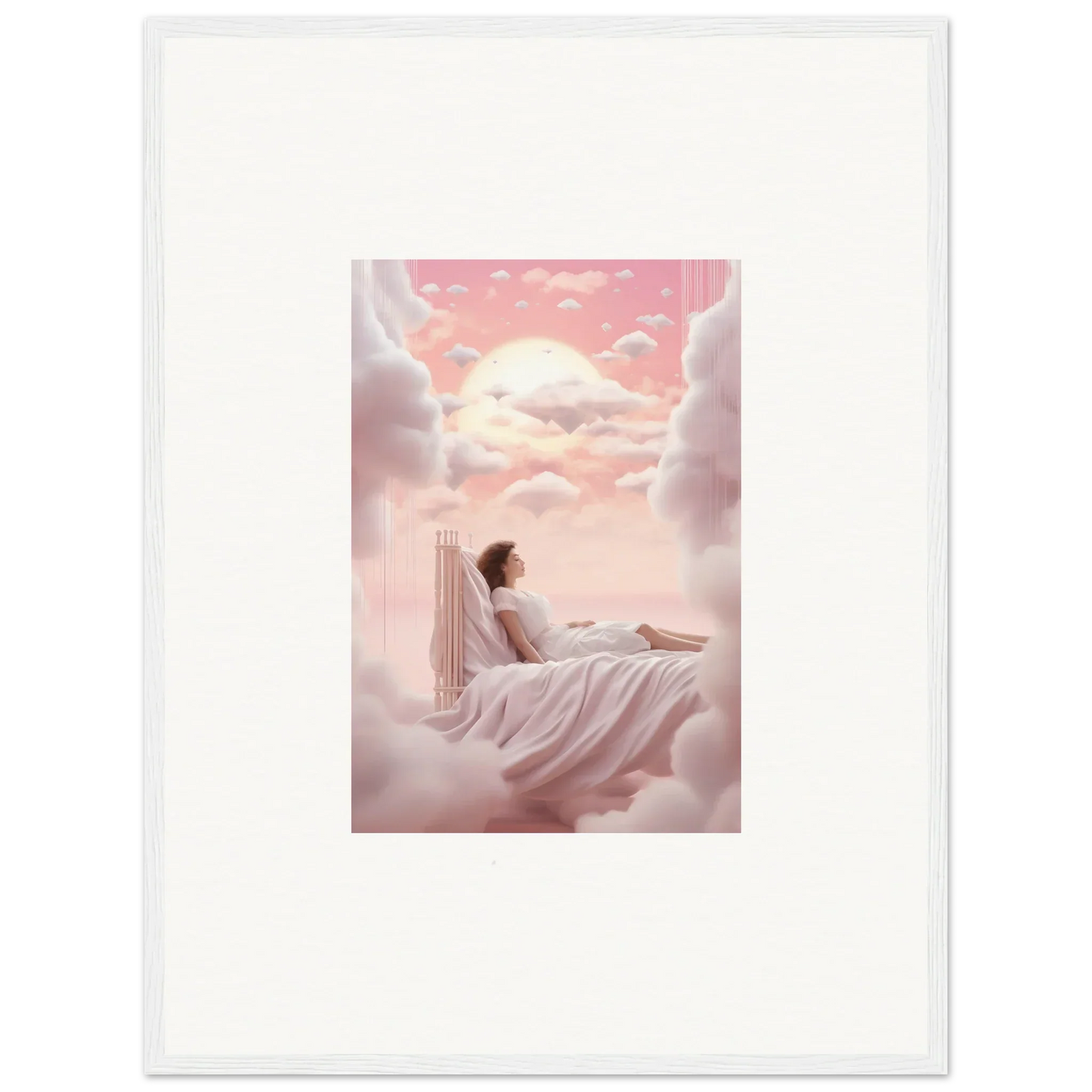 Person relaxing on a cloud in a dreamy pink sky, perfect for your Canvas Print room decoration