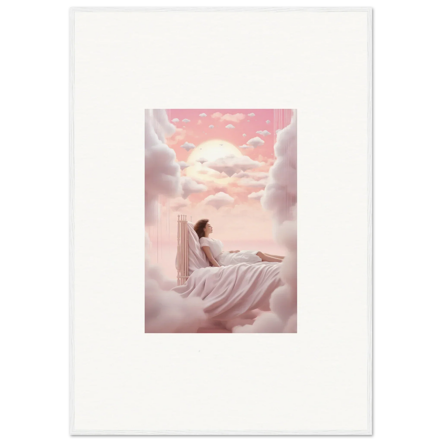 Ethereal painting of a figure on clouds at sunset for dreamy room decoration