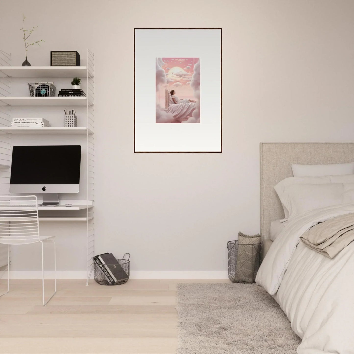 Minimalist bedroom with floating shelves and a Canvas Print from Dreamships Awaken