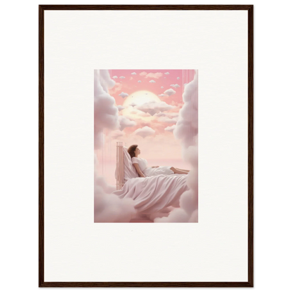 Framed canvas print of a person on clouds in a dreamy pink sky for room decoration