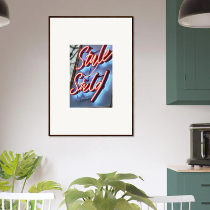 Framed canvas print of colorful text Style Sold on a blue background, perfect for neon dive room decoration