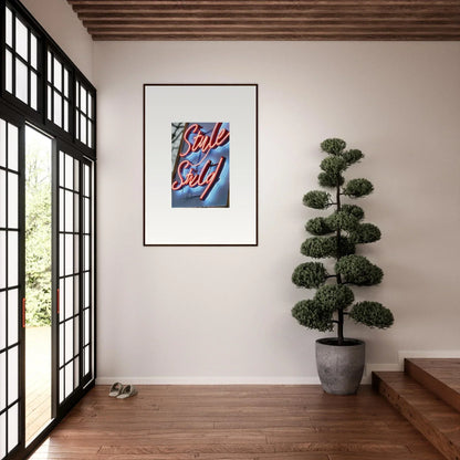 Framed colorful canvas print with Style Sexy text for trendy neon dive room decoration