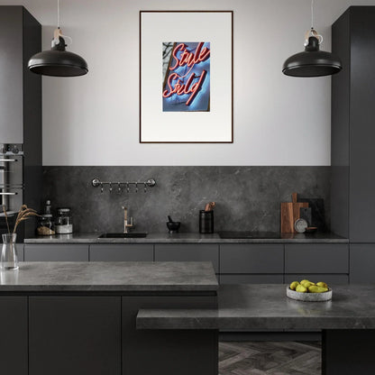 Modern kitchen with dark cabinets, concrete countertops, and a vibrant Neon Dive canvas print